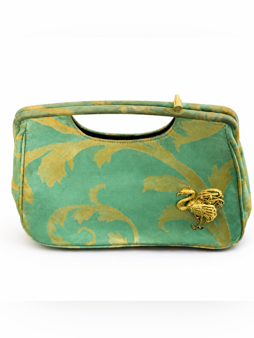 Moo Roo Green Gold Brocade Dragon Clutch Top Handle Evening Bag